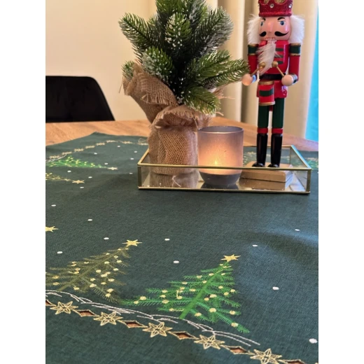 Świąteczny bieżnik na ławę, stół 85x85 butelkowa zieleń ze złotym haftem