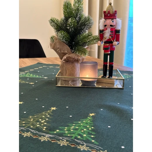 Świąteczny bieżnik na ławę, stół 85x85 butelkowa zieleń ze złotym haftem